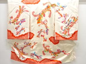 アンティーク　絞り雲に束ね熨斗模様刺繍着物(内袖・長襦袢付き)